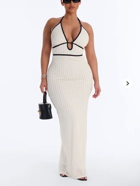 Fashion Nova Ivory Maxi Halter Dress with Black Trim